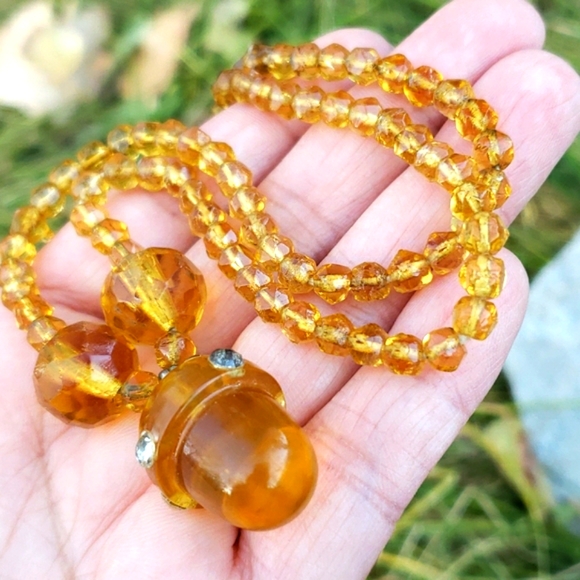 Antique Bakelite Acorn Rhiestone Pendant Necklace - Picture 3 of 13